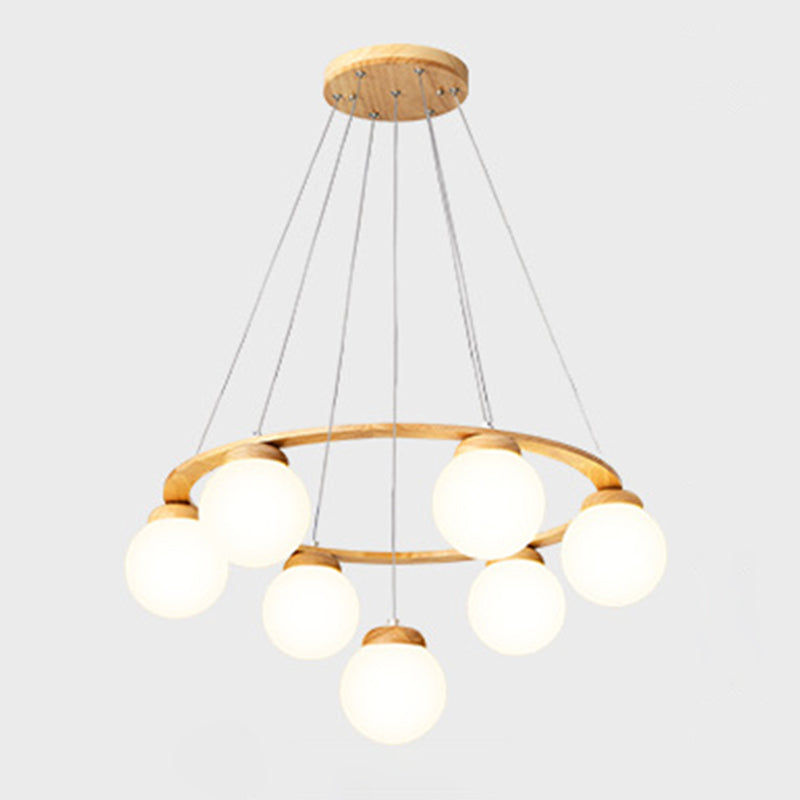 Wooden Circle Chandelier Nordic Style Hanging Light with Ball White Glass Shade