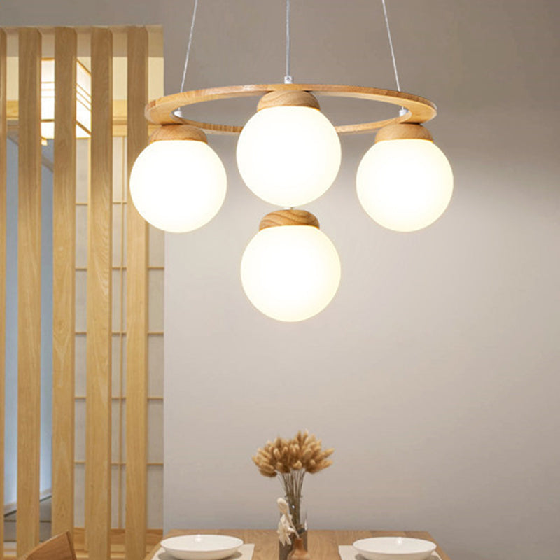 Wooden Circle Chandelier Nordic Style Hanging Light with Ball White Glass Shade