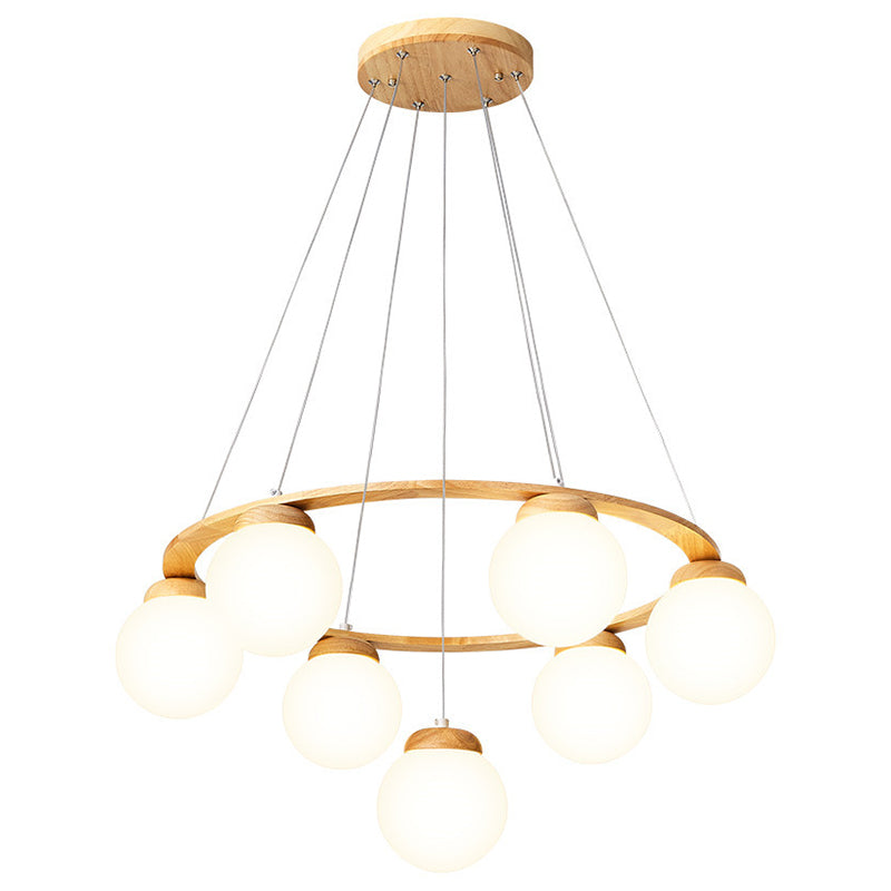 Wooden Circle Chandelier Nordic Style Hanging Light with Ball White Glass Shade
