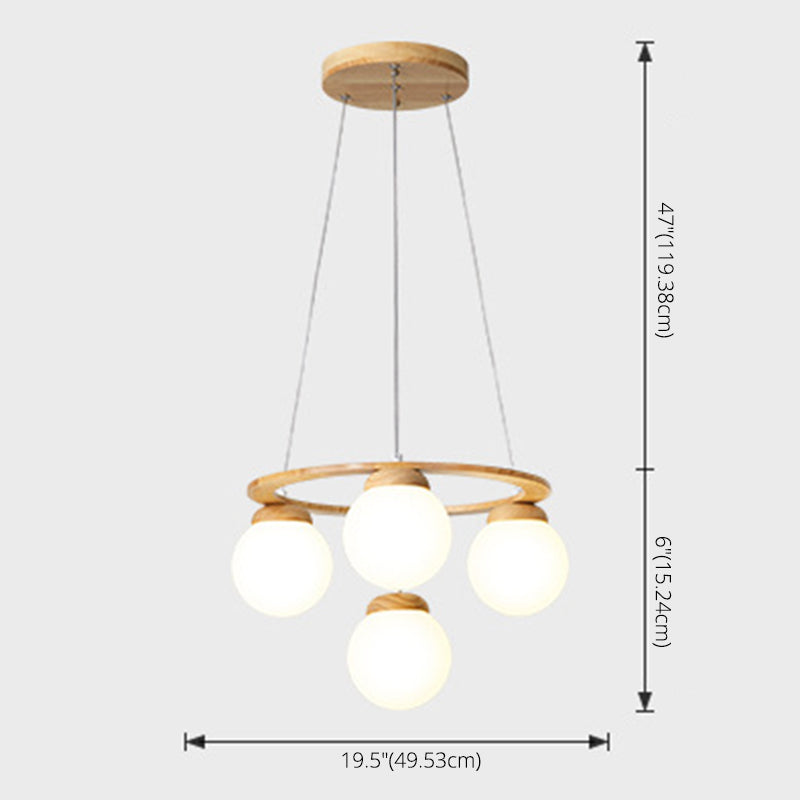 Wooden Circle Chandelier Nordic Style Hanging Light with Ball White Glass Shade