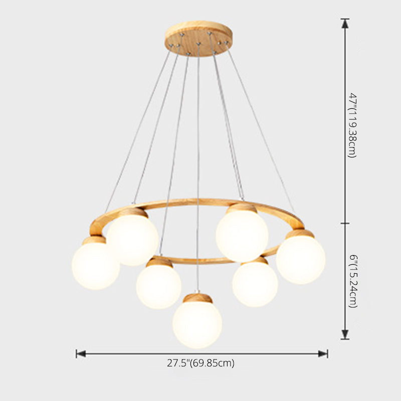 Wooden Circle Chandelier Nordic Style Hanging Light with Ball White Glass Shade