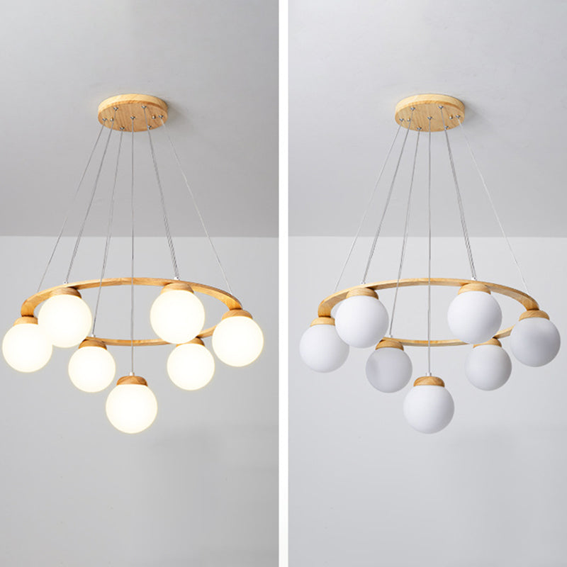 Wooden Circle Chandelier Nordic Style Hanging Light with Ball White Glass Shade