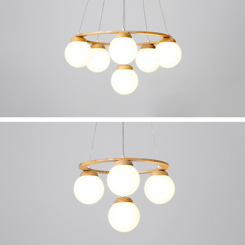 Wooden Circle Chandelier Nordic Style Hanging Light with Ball White Glass Shade