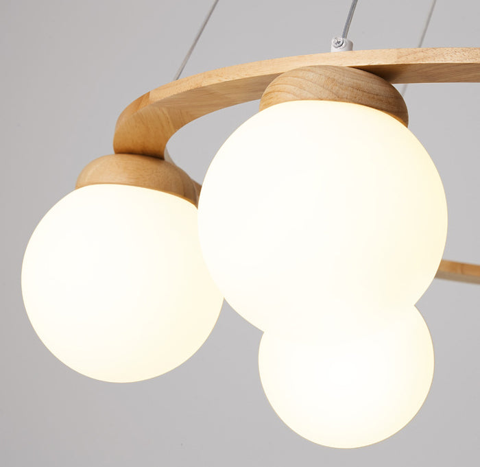 Wooden Circle Chandelier Nordic Style Hanging Light with Ball White Glass Shade