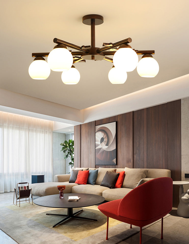 Gewölbte milchgyglas hängende Lampe nordisch dunkler Holz Getreide Kronleuchter für Wohnzimmer