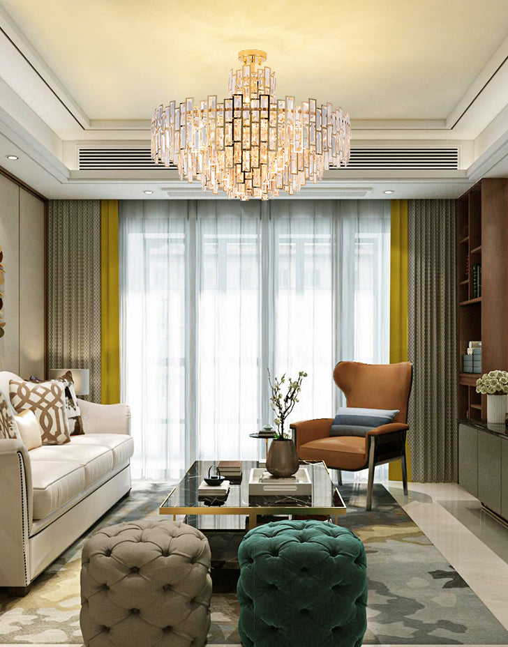Tiered Crystal Suspension Light Fixture Contemporary Gold Chandelier for Living Room