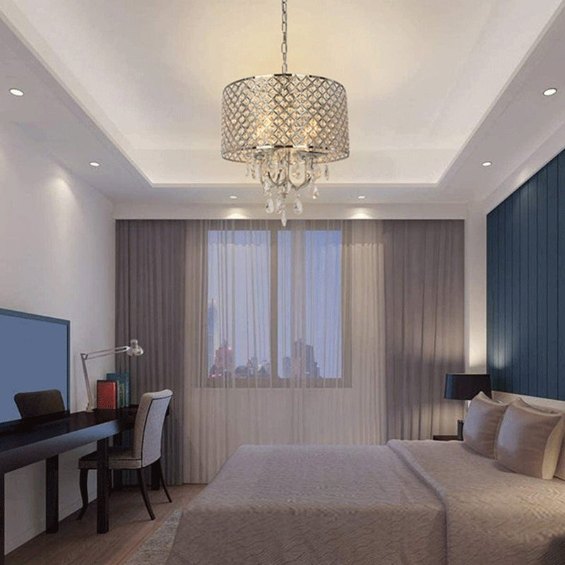 Chrom Finish Kerze Kronleuchter moderner 4-Licht-Metall-Pendellicht mit Drum-Kristallschatten