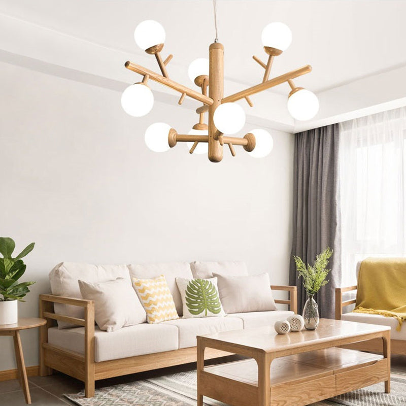 Hölzerner Baumzweig Kronleuchter nordischer Hängelampe mit Kugel Opalinglas Schatten
