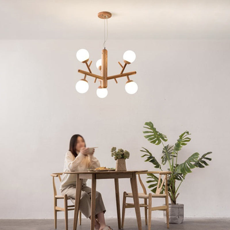 Hölzerner Baumzweig Kronleuchter nordischer Hängelampe mit Kugel Opalinglas Schatten
