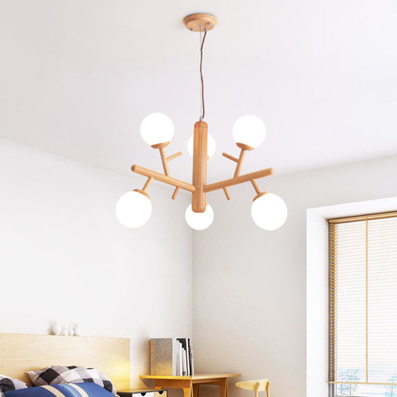 Hölzerner Baumzweig Kronleuchter nordischer Hängelampe mit Kugel Opalinglas Schatten