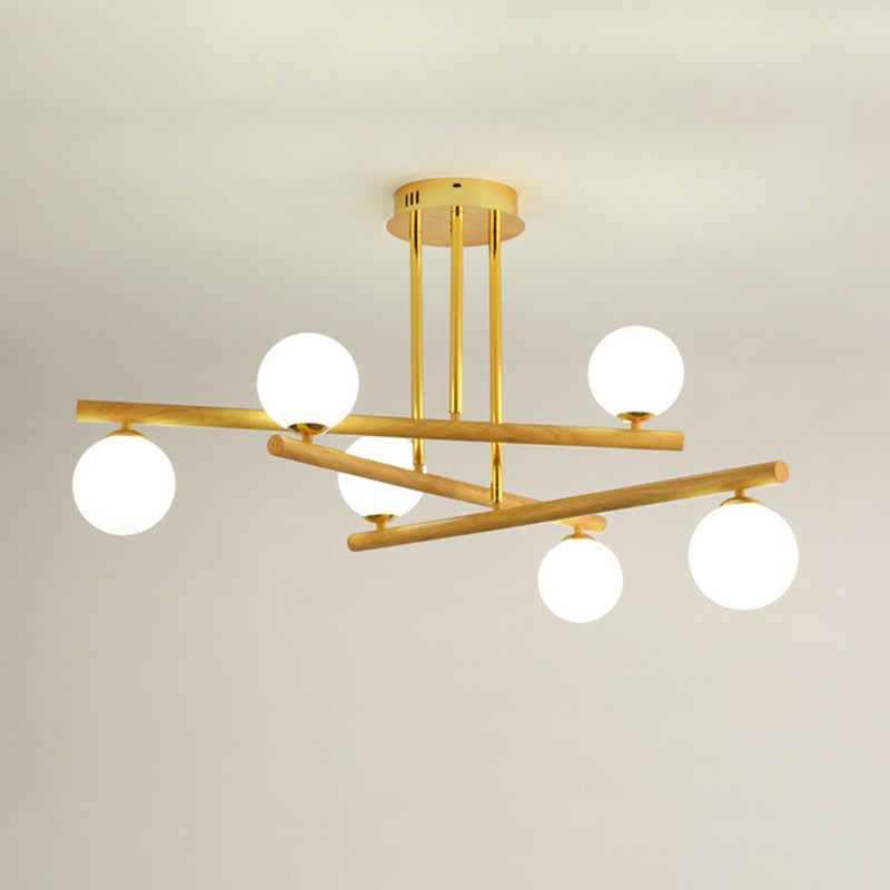 White Glass Bubble Chandelier Modern Gold and Wood Grain Hanging Light for Living Room