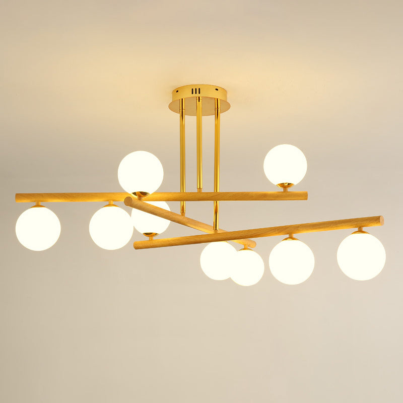 White Glass Bubble Chandelier Modern Gold and Wood Grain Hanging Light for Living Room