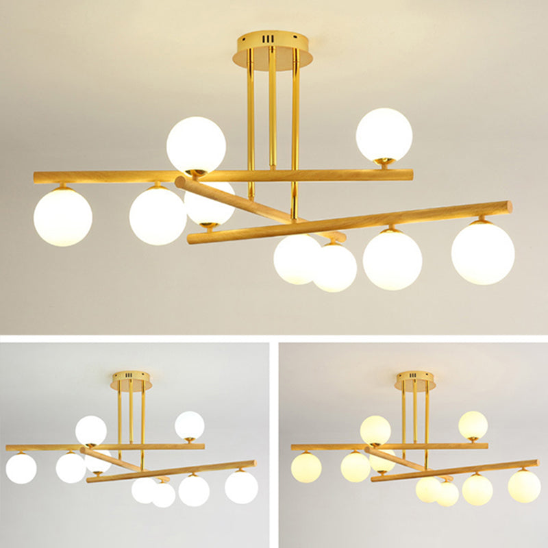 White Glass Bubble Chandelier Modern Gold and Wood Grain Hanging Light for Living Room