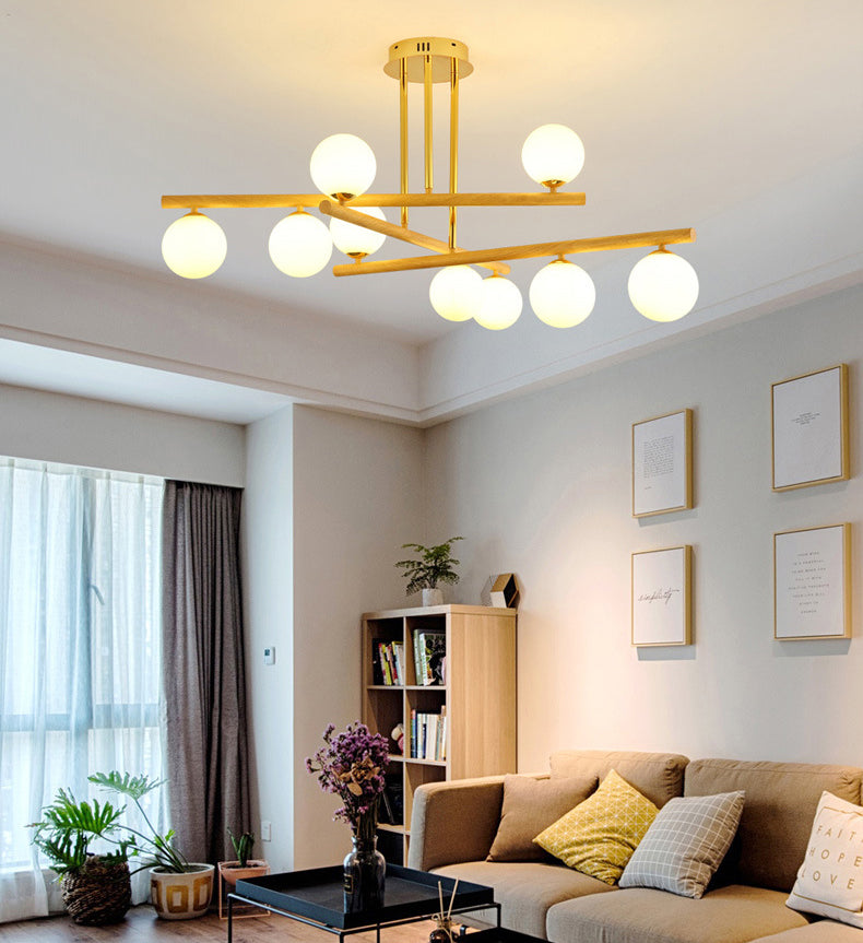 White Glass Bubble Chandelier Modern Gold and Wood Grain Hanging Light for Living Room
