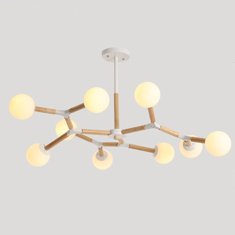 Lampadario molecolare nordico in legno soggiorno luce a sospensione con sfera di vetro opale
