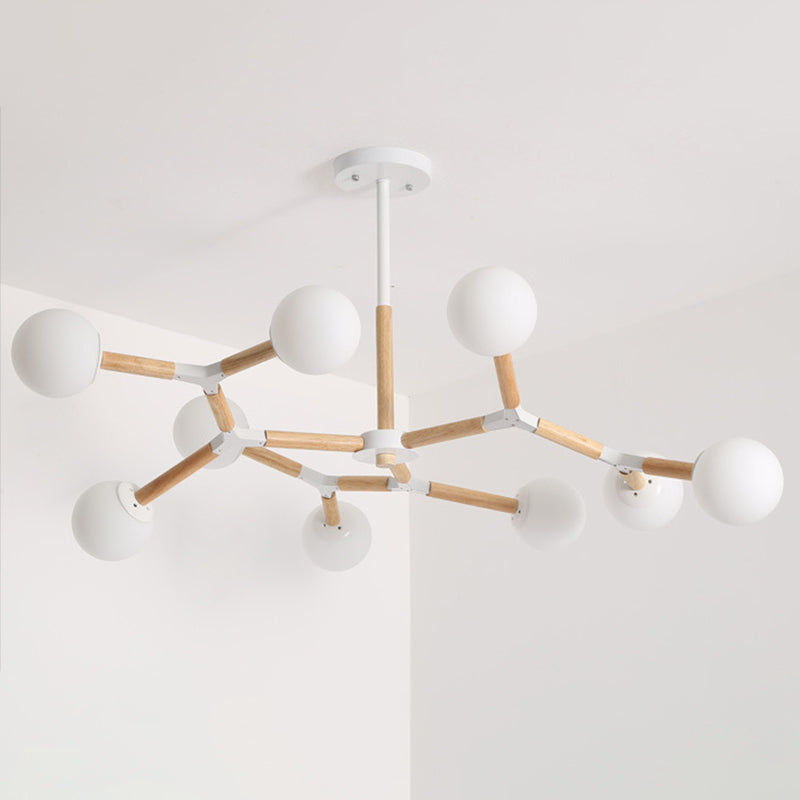 Lampadario molecolare nordico in legno soggiorno luce a sospensione con sfera di vetro opale