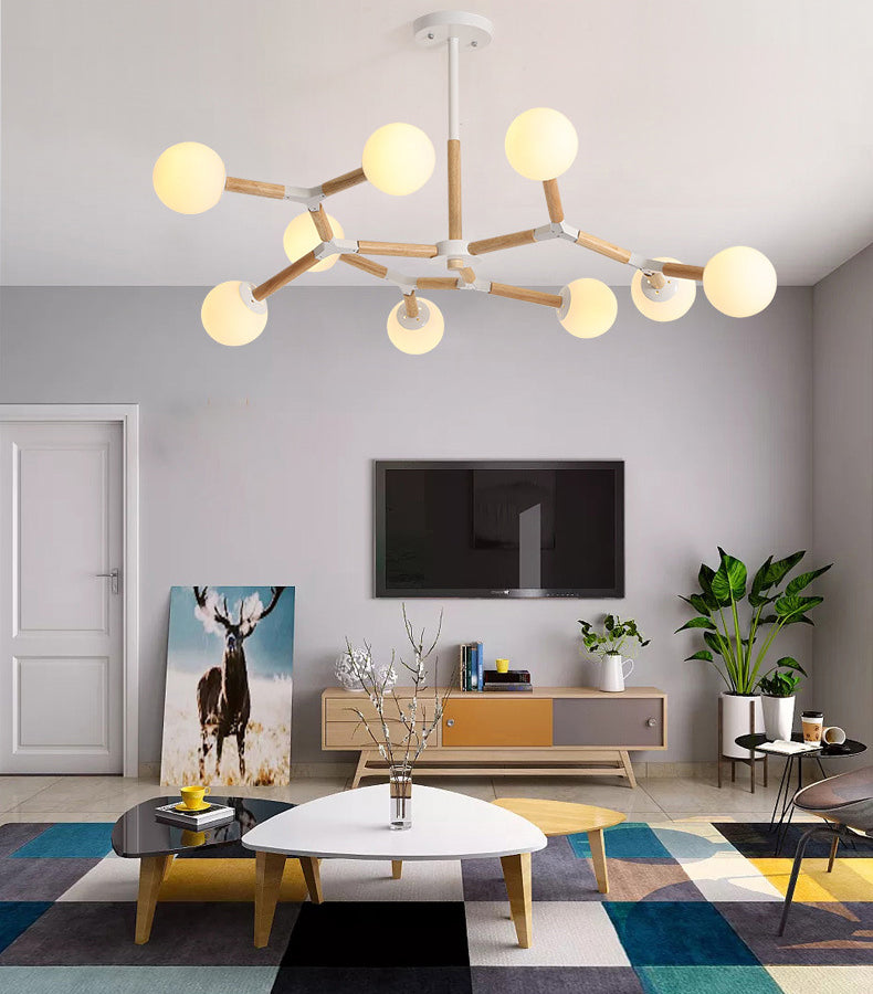 Lampadario molecolare nordico in legno soggiorno luce a sospensione con sfera di vetro opale