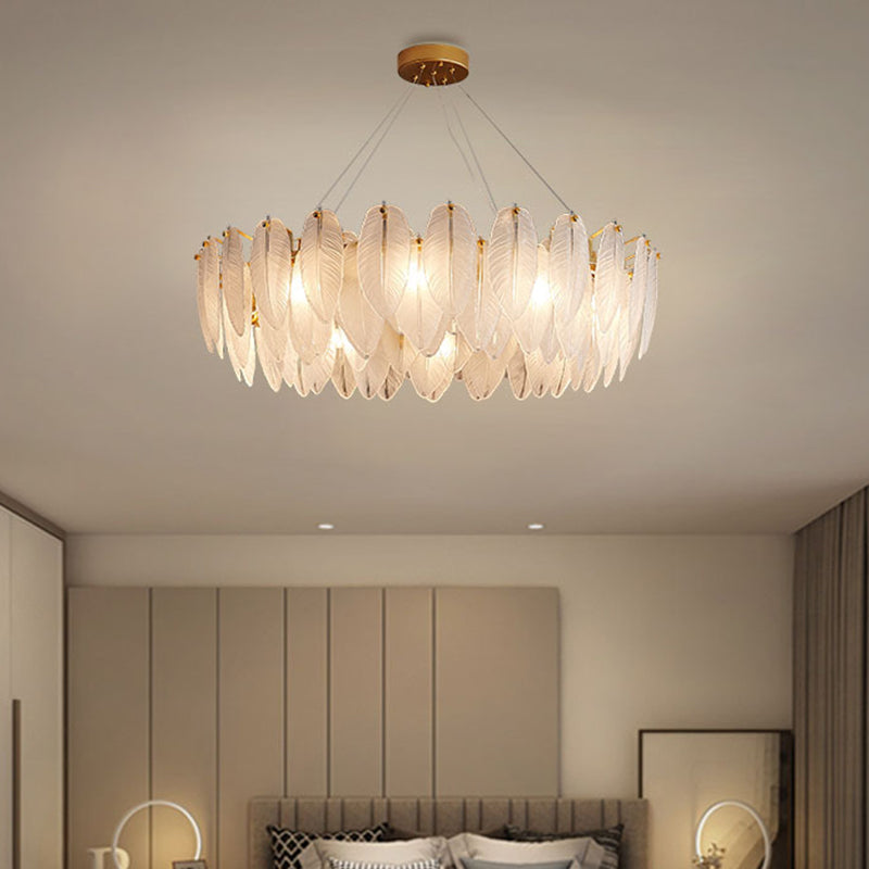 Lampadario di piume di piume di vetro bianco testurato illuminazione sospensione per la camera da letto