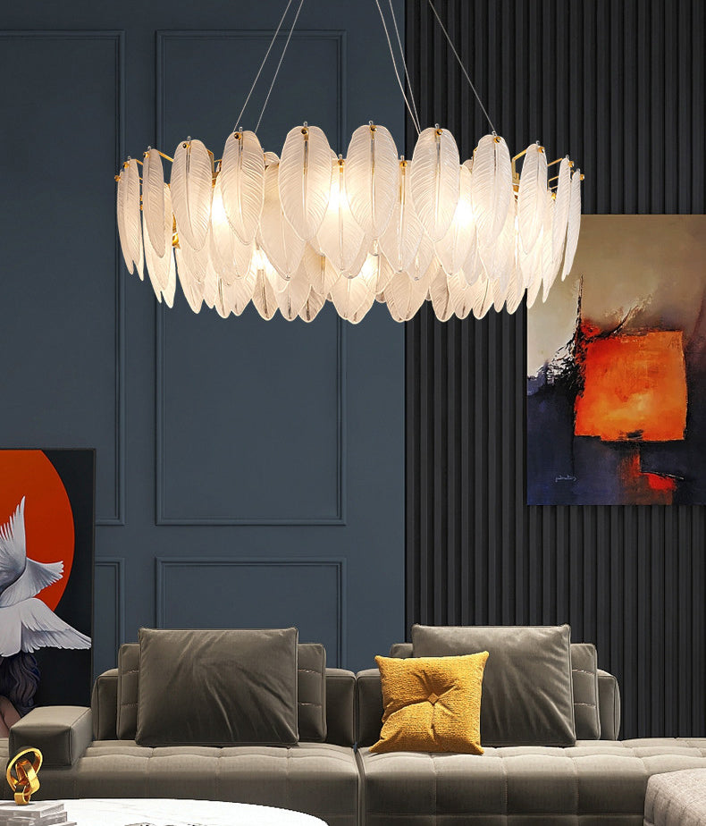 Lampadario di piume di piume di vetro bianco testurato illuminazione sospensione per la camera da letto