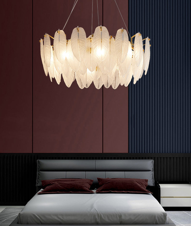 Lampadario di piume di piume di vetro bianco testurato illuminazione sospensione per la camera da letto