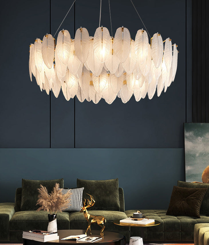 Lampadario di piume di piume di vetro bianco testurato illuminazione sospensione per la camera da letto