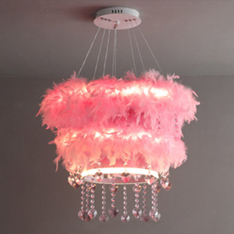 Tapered Feather Chandelier Pendant Nordic LED Hanging Light Fixture with Crystal Decor for Dining Room