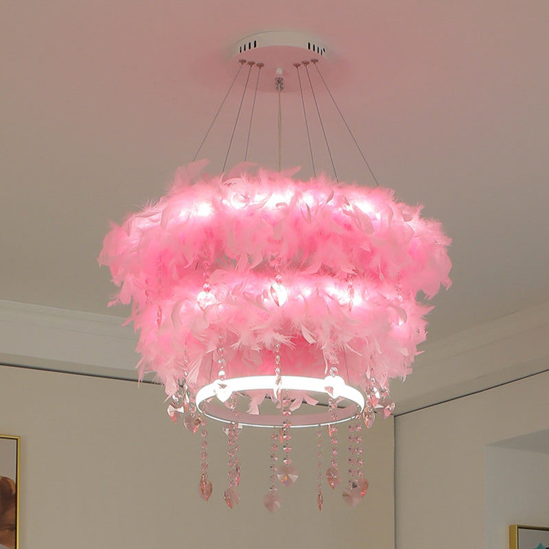 Tapered Feather Chandelier Pendant Nordic LED Hanging Light Fixture with Crystal Decor for Dining Room