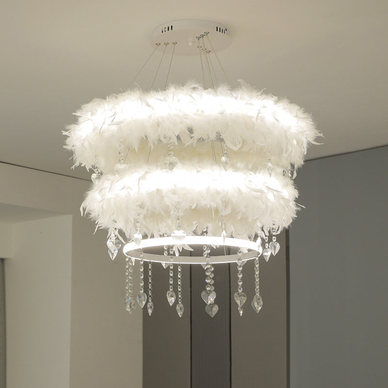 Tapered Feather Chandelier Pendant Nordic LED Hanging Light Fixture with Crystal Decor for Dining Room