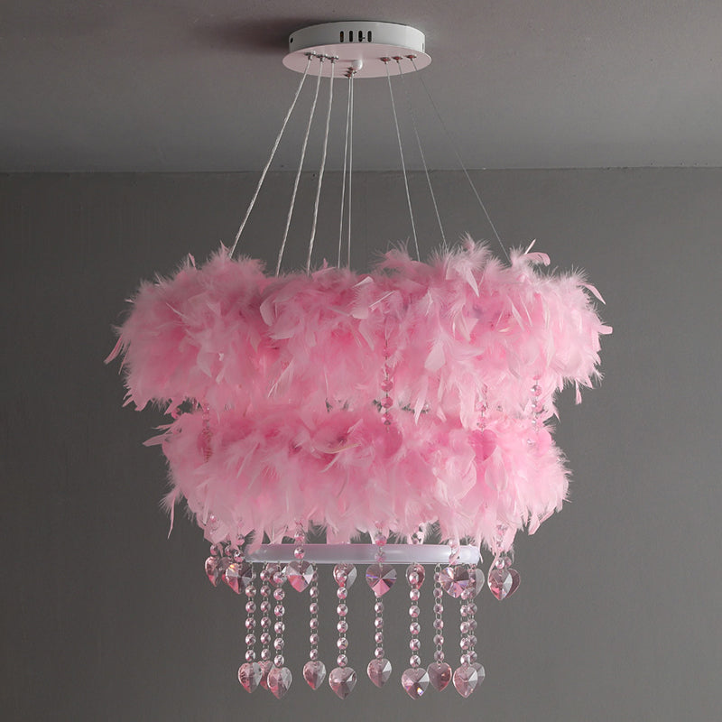 Tapered Feather Chandelier Pendant Nordic LED Hanging Light Fixture with Crystal Decor for Dining Room