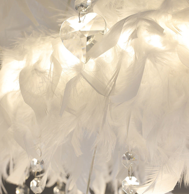 Tapered Feather Chandelier Pendant Nordic LED Hanging Light Fixture with Crystal Decor for Dining Room