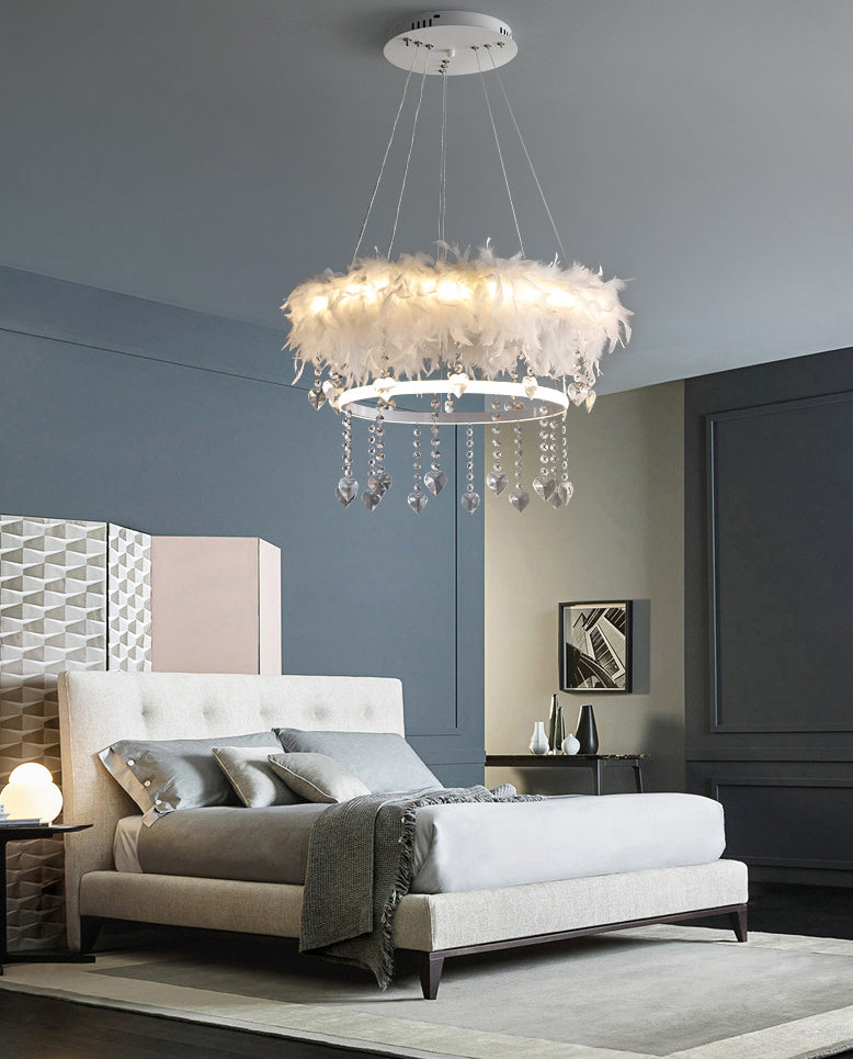 Tapered Feather Chandelier Pendant Nordic LED Hanging Light Fixture with Crystal Decor for Dining Room