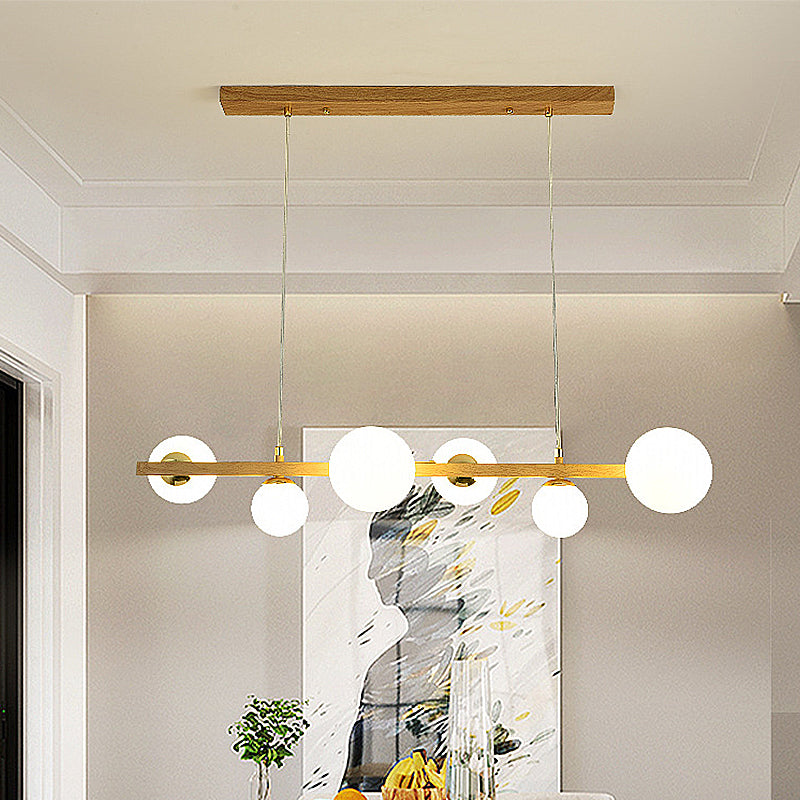 Natural Wood Finish Chandelier 6-Light Glass Shaded Ceiling Light with Adjustable Height