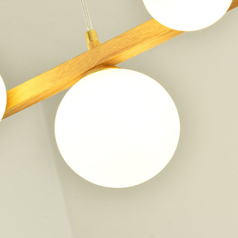 Natural Wood Finish Chandelier 6-Light Glass Shaded Ceiling Light with Adjustable Height