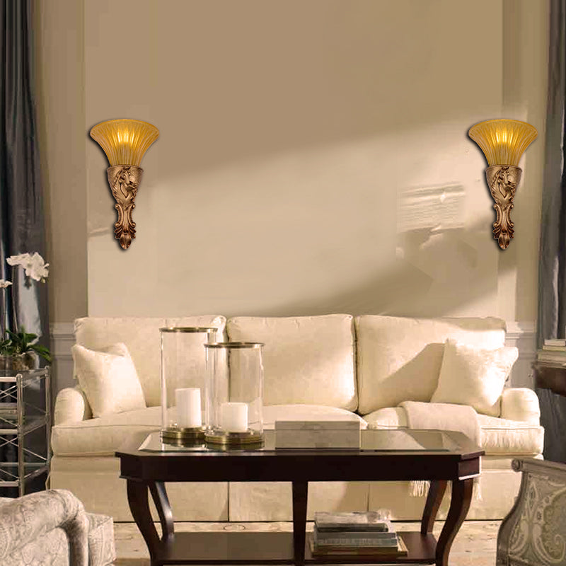 White/Gold Carved Sconce Lamp Colonization Metal 1 Bulb Wall Lighting Fixture with Flared Amber Glass Shade