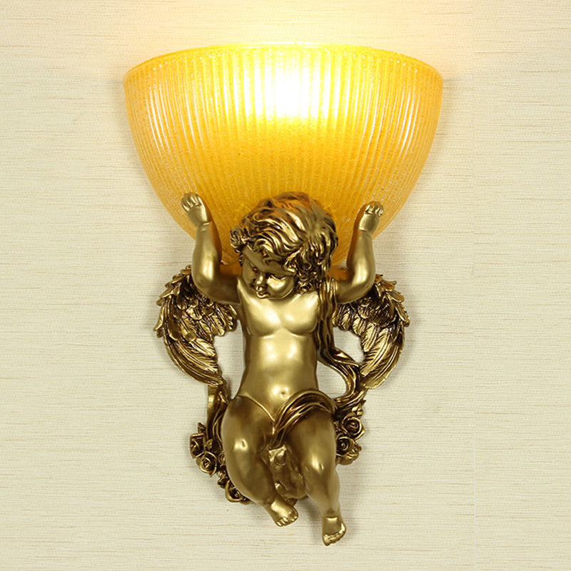 Angel Sconce Light Colony Metal 1 Head White/Gold Wall Lamp Fixture with Dome Amber Glass Shade, Left/Right