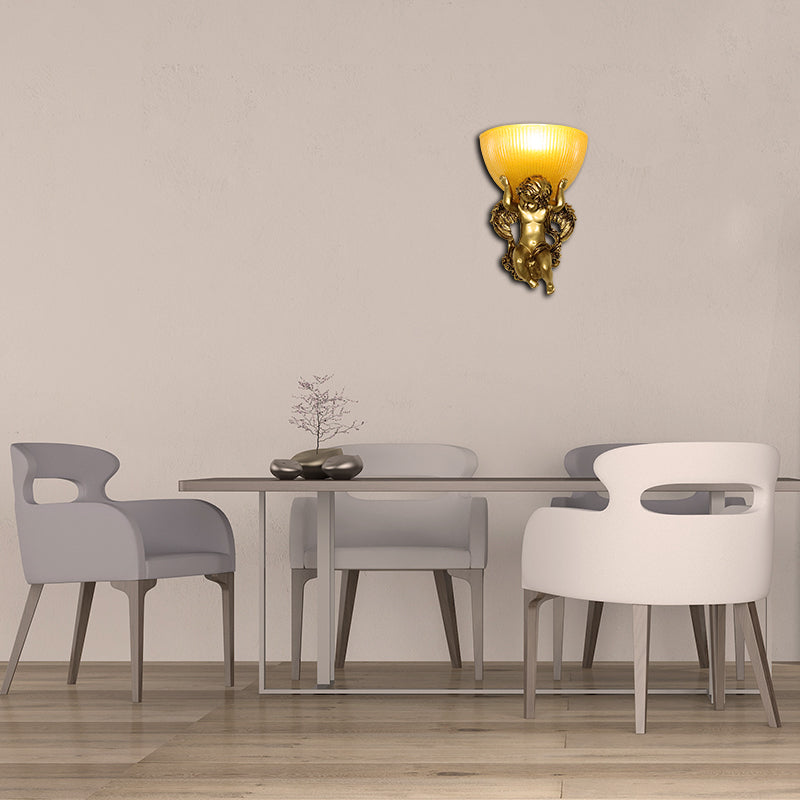 Angel Sconce Light Colony Metal 1 Head White/Gold Wall Lamp Fixture with Dome Amber Glass Shade, Left/Right