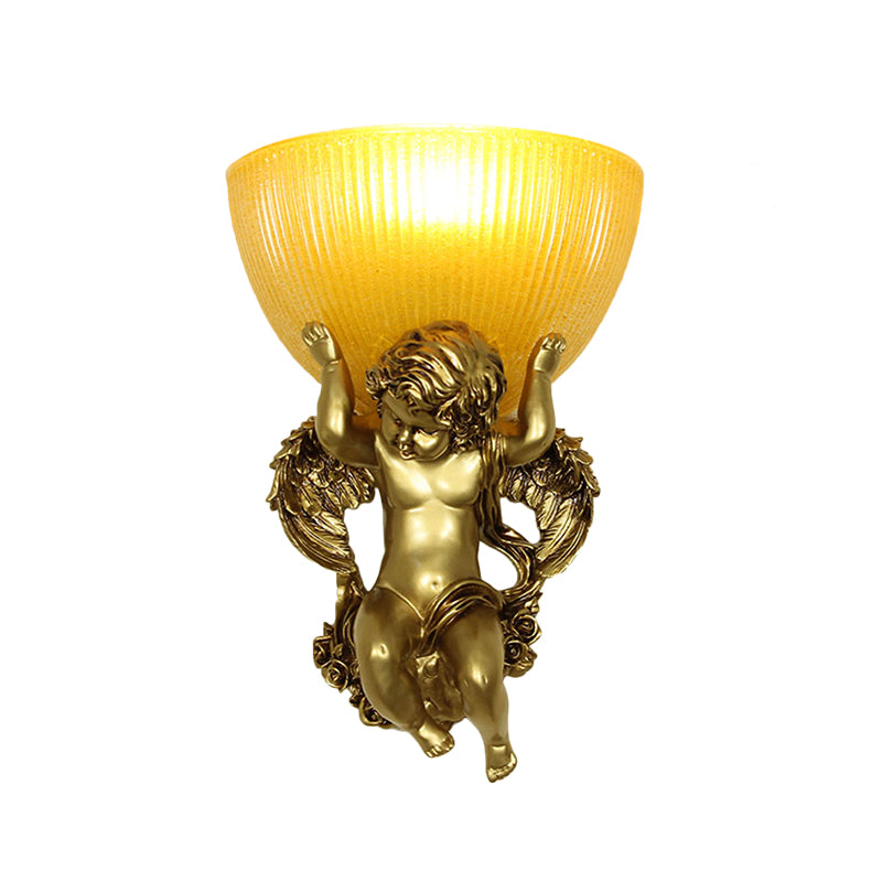 Angel Sconce Light Colony Metal 1 Head White/Gold Wall Lamp Fixture with Dome Amber Glass Shade, Left/Right