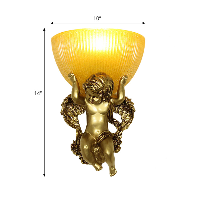 Angel Sconce Light Colony Metal 1 Head White/Gold Wall Lamp Fixture with Dome Amber Glass Shade, Left/Right