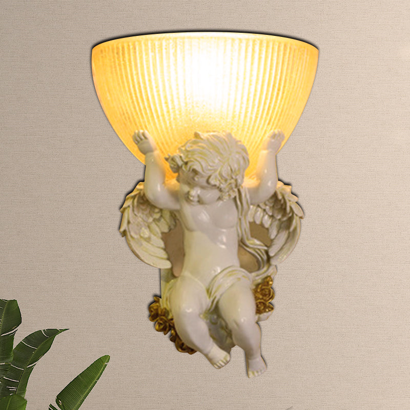 Angel Sconce Light Colony Metal 1 Head White/Gold Wall Lamp Fixture with Dome Amber Glass Shade, Left/Right