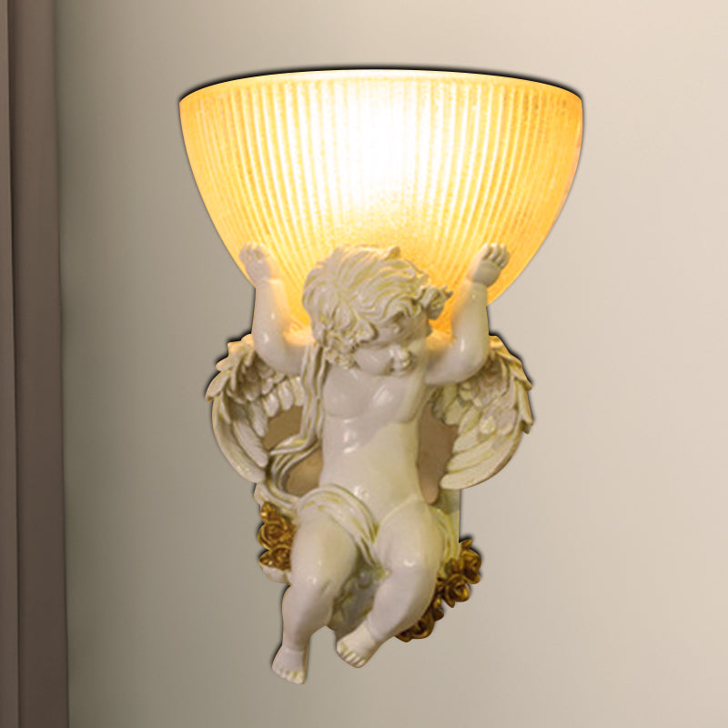 Angel Sconce Light Colony Metal 1 Head White/Gold Wall Lamp Fixture with Dome Amber Glass Shade, Left/Right