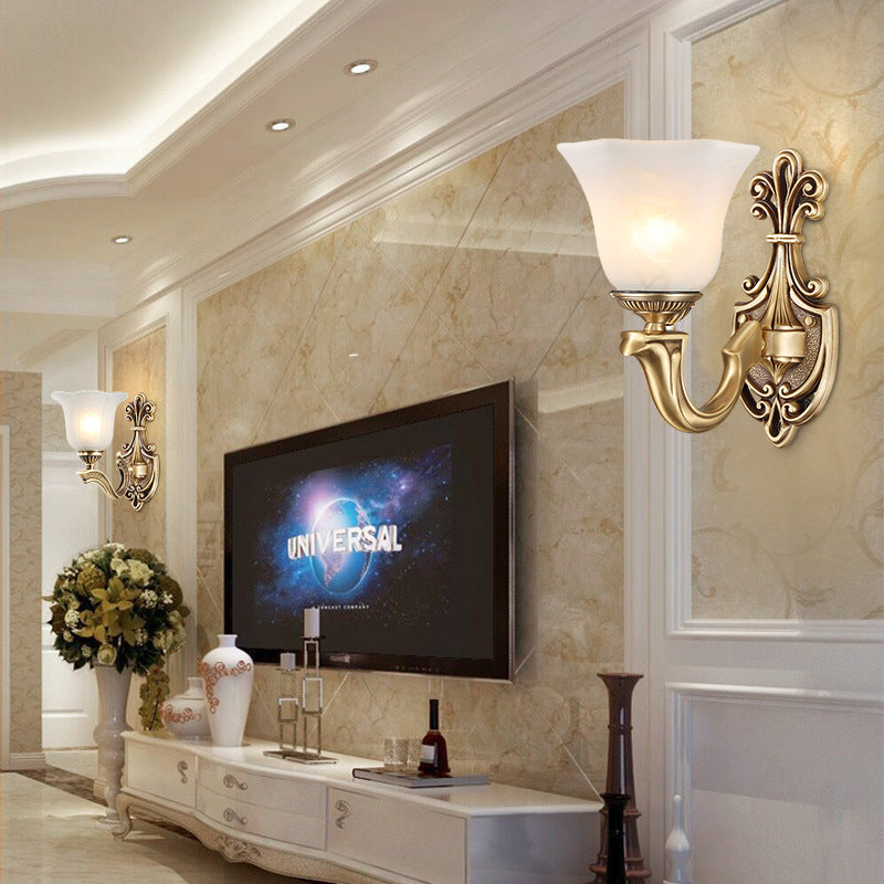 1/2 Bulbs Trumpet Sconce Lamp Tradition Opal Glass Wall Lighting Fixture with Brass Metal Curved Arm