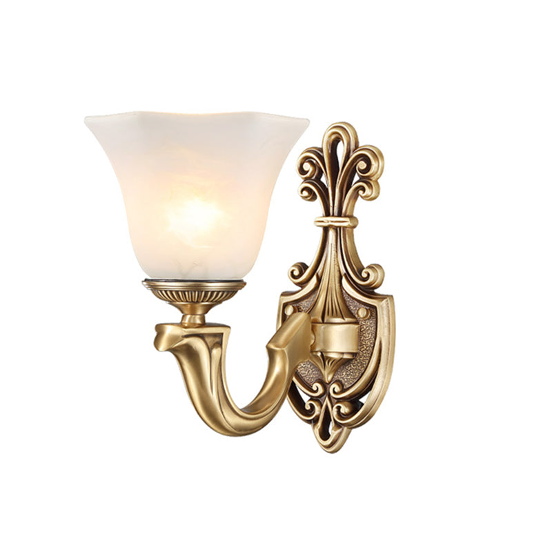 1/2 Bulbs Trumpet Sconce Lamp Tradition Opal Glass Wall Lighting Fixture with Brass Metal Curved Arm