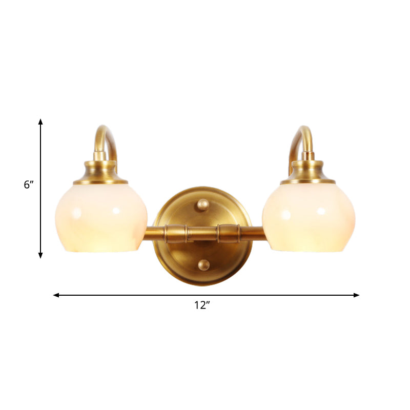 Brass Global Wall Lighting Traditionary White Glass 2/3 Heads Sconce Light Fixture with Metal Curved Arm for Bathroom