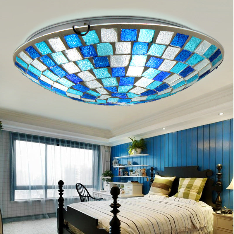 Blue Round Ceiling Light Fixture 12"/16" Width Tiffany Mosaic Glass 1 Bulb Flush Mount Ceiling Light