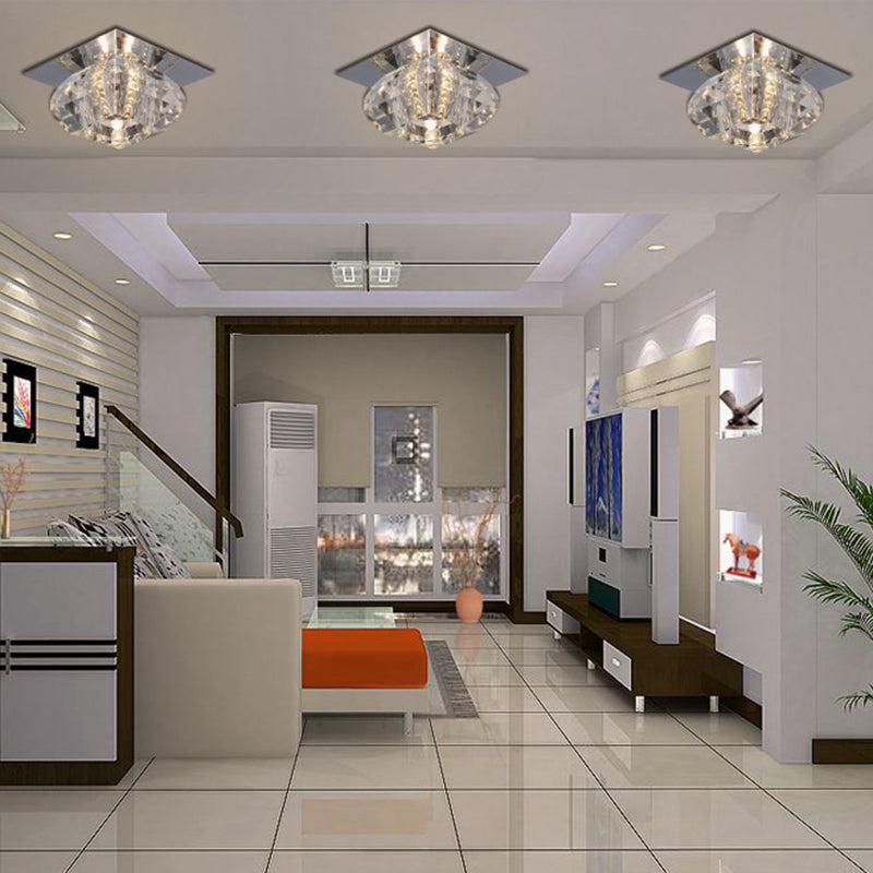 Contemporary Close to Ceiling Lighting Chrome Small Ceiling Mounted Light with Crystal Shade