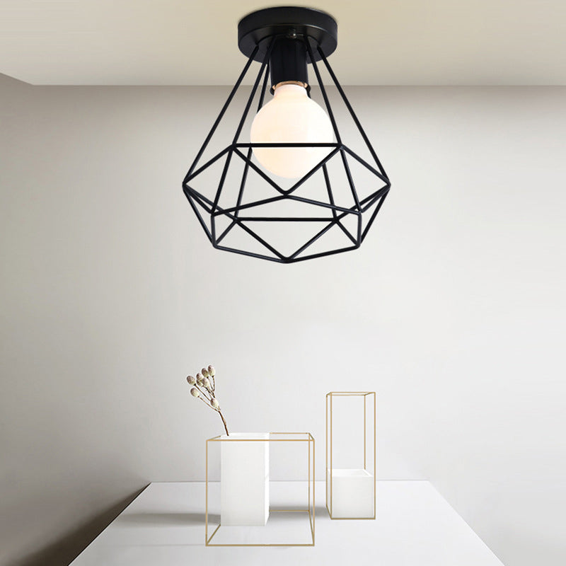 Black Close to Ceiling Lighting Industrial Metal Cage Diamond Ceiling Light Fixture