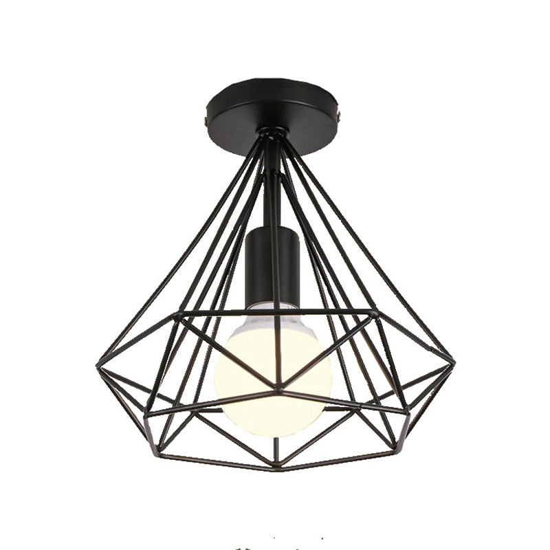 Black Close to Ceiling Lighting Industrial Metal Cage Diamond Ceiling Light Fixture