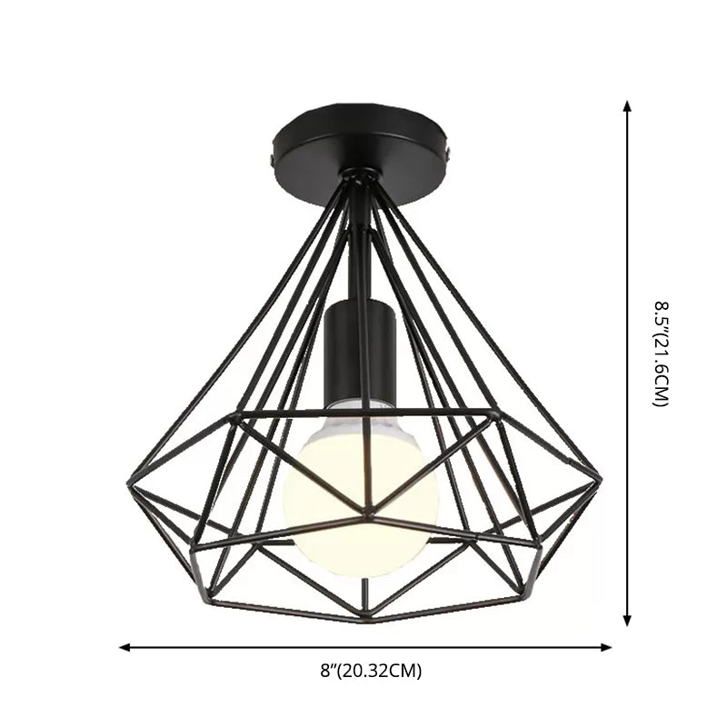 Black Close to Ceiling Lighting Industrial Metal Cage Diamond Ceiling Light Fixture