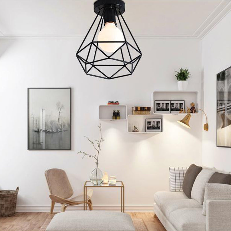 Black Close to Ceiling Lighting Industrial Metal Cage Diamond Ceiling Light Fixture