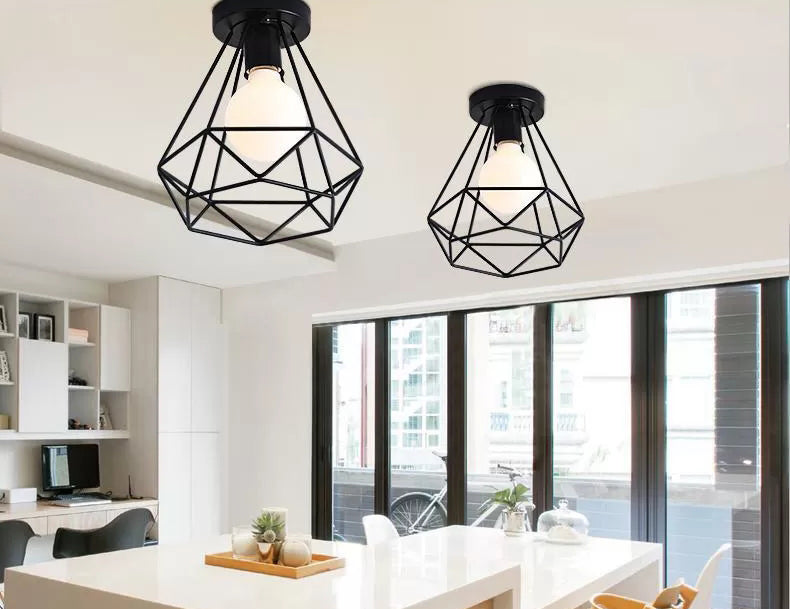 Black Close to Ceiling Lighting Industrial Metal Cage Diamond Ceiling Light Fixture